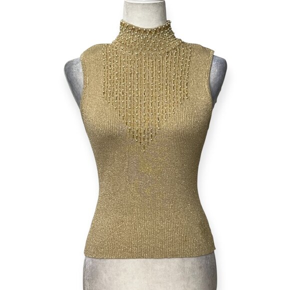 Lillie Rubin Gold Metallic Beaded Sleeveless Top M Peal Embroidered High Neck - Picture 1 of 6